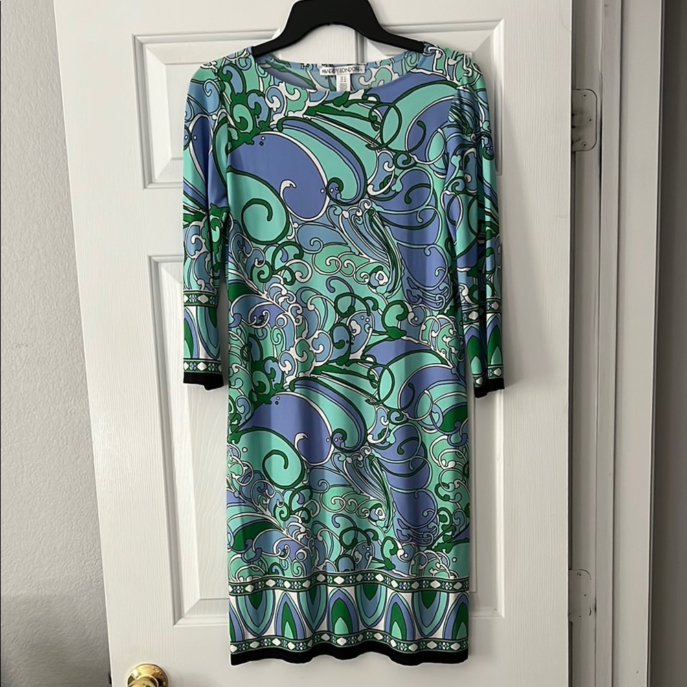 Maggy London Green and Blue Sheath Dress with Crew Neck